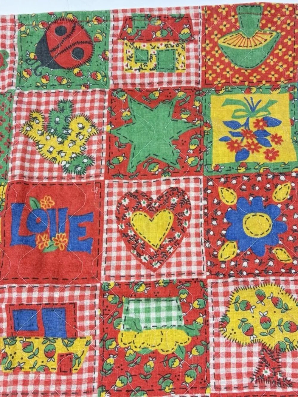 VTG Retro Mushroom Flower Power Quilted Patchwork Quilt Calico Gingham 19x31”